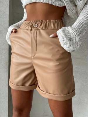 Beli lastikli duble paça deri şort bej w24755