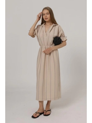 Beli Lastikli Elbise - Taş