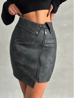 Beli pervazlı fermuarlı eskitme deri etek w24431