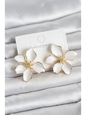 Beyaz Mineli Çiçek Model Pirinç Kadın Küpe