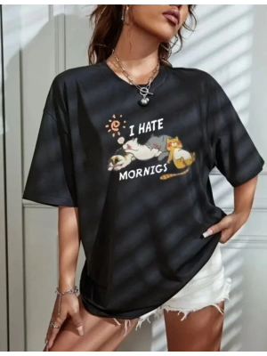 Bisiklet Yaka Baskılı Oversize T-Shirt - Siyah