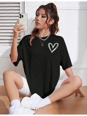 Bisiklet Yaka Baskılı Oversize T-Shirt - Siyah