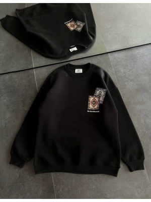 Bisiklet Yaka Baskılı SweatShirt - Siyah