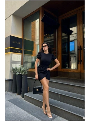 Bisiklet Yaka Elbise Kısa Kollu Mini