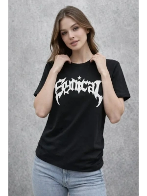 Bisiklet Yaka Ön Baskılı  Kısa Kollu Tişört Streetwear Günlük Basic Pamuklu T-shirt - Siyah