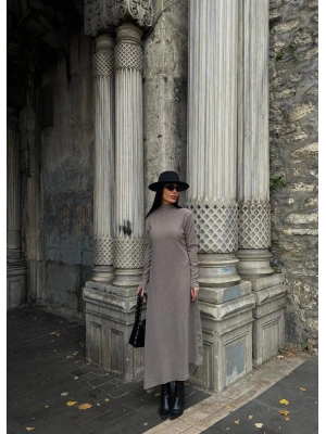 Boğazlı kalın bürümcük uzun elbise vizon