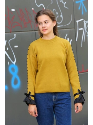 Boncuklu bile detaylı kazak hardal