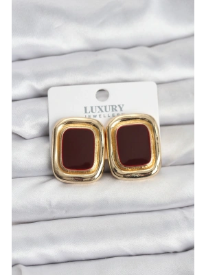 Bordo Mineli Kare Gold Renk Vintage Kadın Küpe