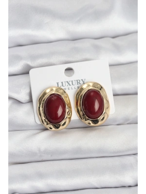 Bordo Renk Oval Vintage Pirinç Kadın Küpe