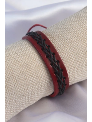 Bordo Renk Siyah İpli Deri Erkek Bileklik