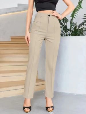 Bordo Renk Yüksek Bel Maskülen Kesim Kumaş Pantolon