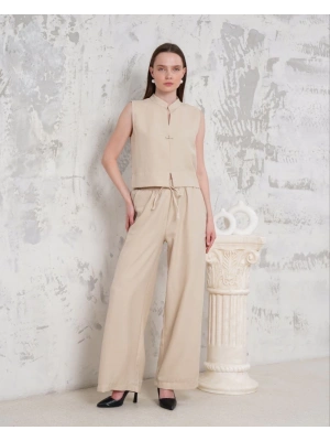 Broşlu yelek pantolon takım bej s255821