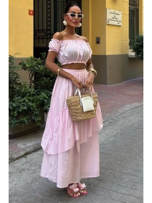 Büzgülü Crop Kat Detaylı Fırfır Etekli Takım 10196