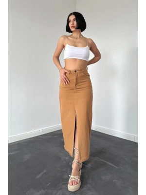 Camel Gabardin Boyamalı Püsküllü Etek