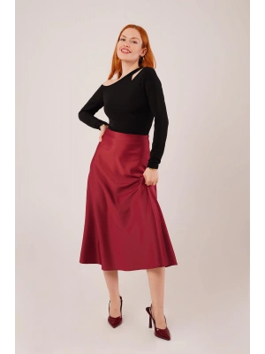 Çan Kesim Midi Bordo Saten Etek