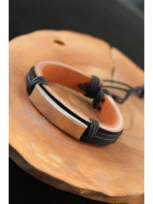 Çelik Aksesuarlı Siyah Renk Deri Erkek Bileklik