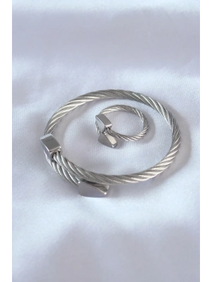 Çelik Gümüş Renk Burgu Model Erkek Bileklik Yüzük Seti