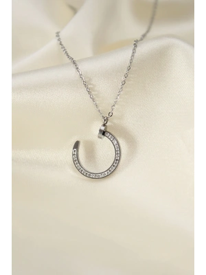 Çelik Silver Renk Zirkon Taşlı Çivi Model Kadın Kolye