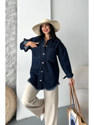 Cepli püsküllü kar yıkama kot ceket koyu mavi d2515