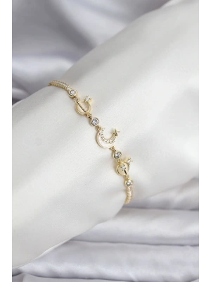 Charmlı Model Zirkon Taşlı Gold Renk Su Yolu Kadın Bileklik