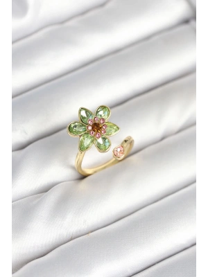Çiçek Model Yeşil Pirinç Gold Renk Yüzük