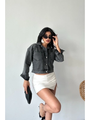 Çift cepli kol katlamalı süper taş enzim yıkama crop kot ceket füme d2000