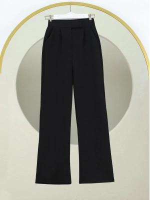 Cırtlı Fermuarlı Palazzo Pantolon -Siyah