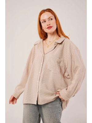 Çizgi Detaylı Cepli Camel Gömlek