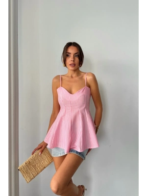 ÇİZGİLİ GOFRE ASKILI PENS DETAYLI BLUZ - Pembe