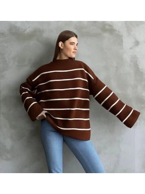 Çizgili ispanyol kol triko boğazlı kahve beyaz elf