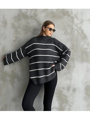 Çizgili ispanyol kol triko boğazlı kazak antrasit elf