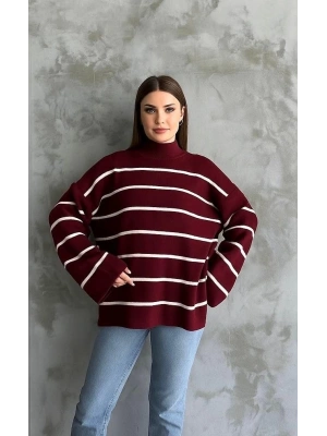Çizgili ispanyol kol triko boğazlı kazak bordo elf