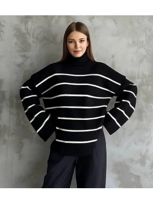 Çizgili ispanyol kol triko boğazlı kazak siyah elf
