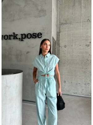 ÇİZGİLİ KETEN KOLSUZ CROP PANTOLON TAKIM - Yeşil