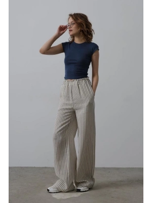 Çizgili Pamuklu Lastikli Pantolon - Bej-Lacivert