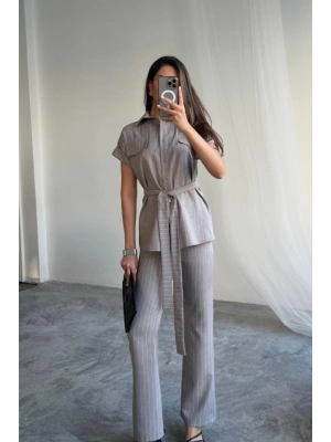 ÇİZGİLİ POLYVİSKON BLUZ - PANTOLON TAKIM - Gri