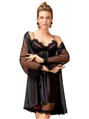 Dantel Detaylı Saten Gecelik ve Sabahlık Takımı Kimono Set