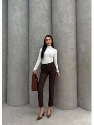 Dar paça kemerli kumaş pantolon kahve pt53