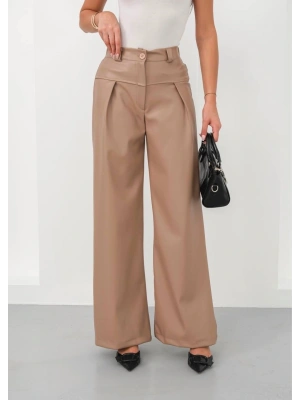 Deri geniş paça beli lastikli pantolon bej h263644