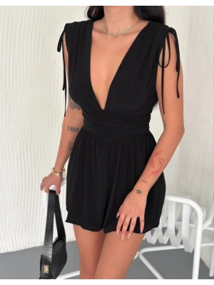 Derin V Yaka Etek Görünümlü Şortlu Elbise Drapeli Mini Yazlık - Siyah
