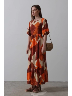 Desenli Balon Kol Kloş Elbise - Kahve