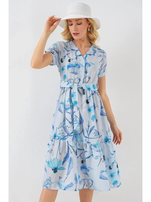 Desenli Kısa Kol Elbise 2558 - Mavi