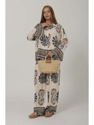 Desenli Kolları Volanlı Pantolon Takım - Antrasit