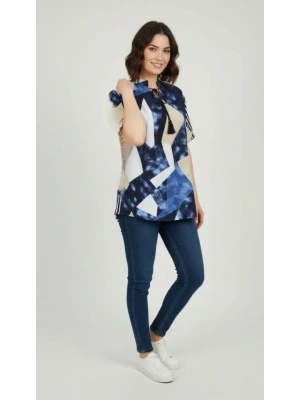 Desenli Püsküllü Viskon Bluz Bebe Yaka Kısa Kollu Big Size Rahat Kesim - Desenli