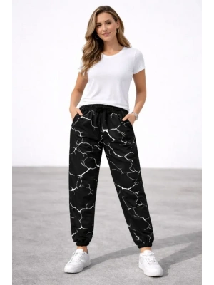 Dijital Baskılı Eşofman Altı Kışlık Üç İplik Şardonlu Kumaş Lastikli Paça, Cepli, Rahat Kalıp - Siyah