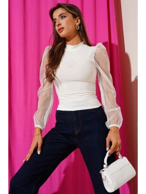 Dik yaka tül kollu bluz beyaz t3066