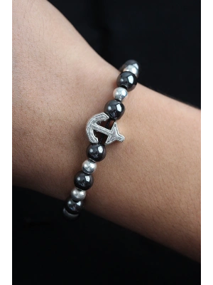 Doğal Taş Çapa Model Gümüş Ve Füme Renk Asansörlü Erkek Bileklik