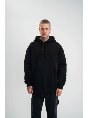 Double Oversize Kapşonlu Nakışlı SweatShirt - Siyah