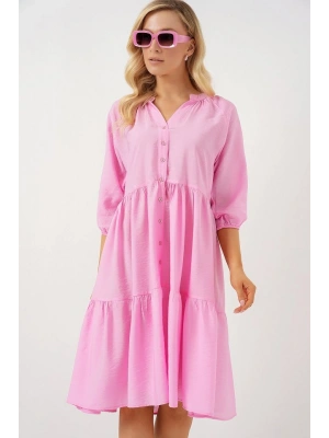 Düğmeli Kısa Kol Elbise 2559 - Pembe