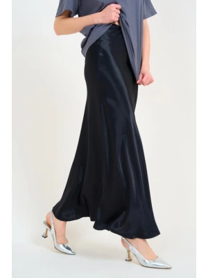 Düz Uzun Saten Etek - Siyah
